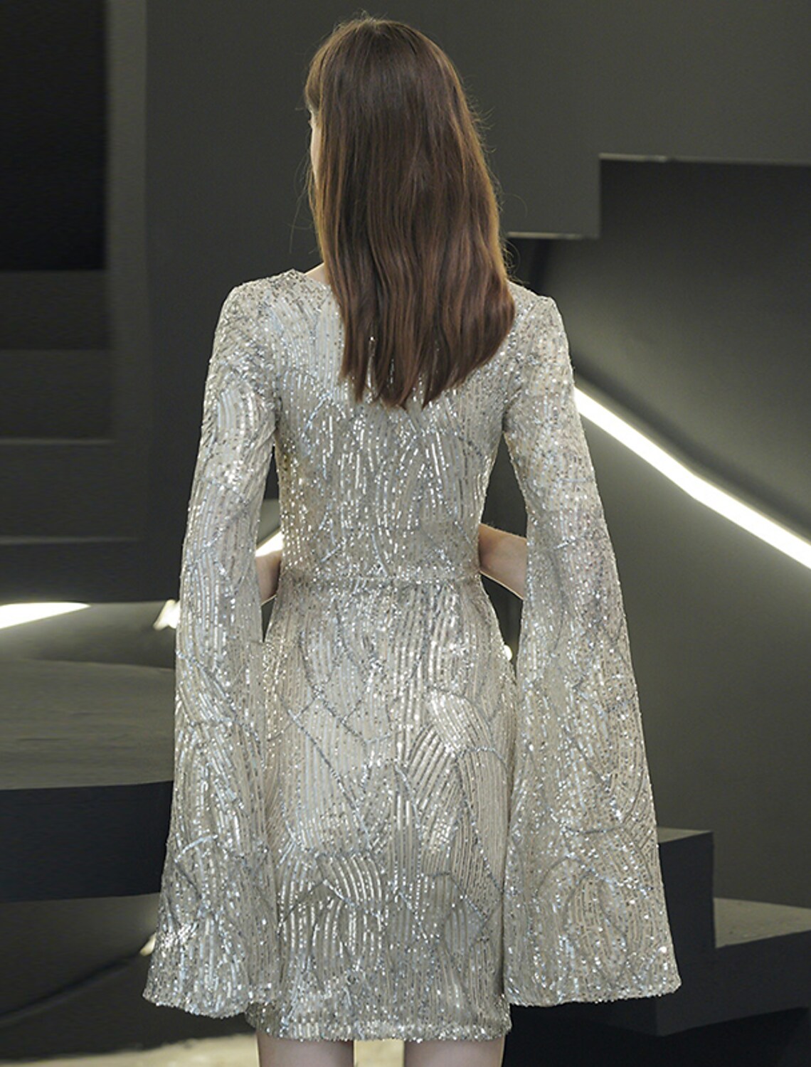 Sparkle Elegant Homecoming Cocktail Party Dress V Neck Long Sleeve Short Mini Sequined with Sequin Slit